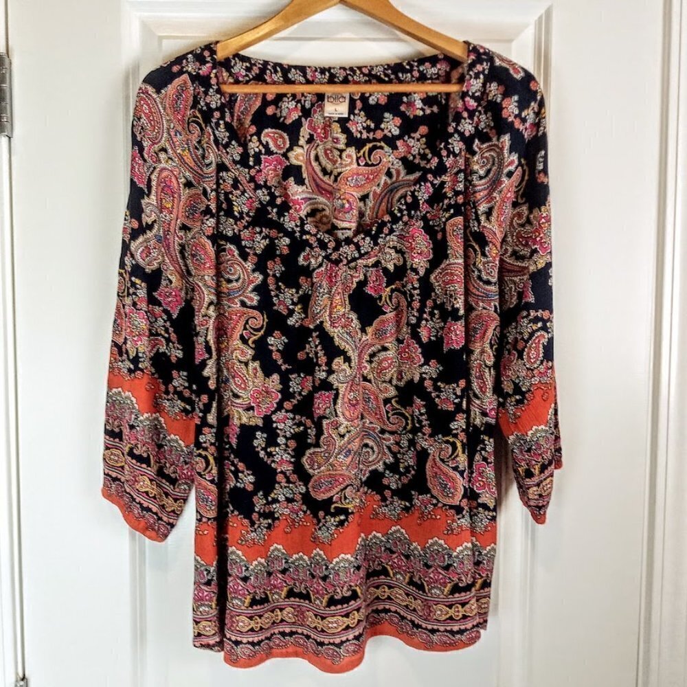 Bila Orange Multicolor V-Neck Boho Tunic Top